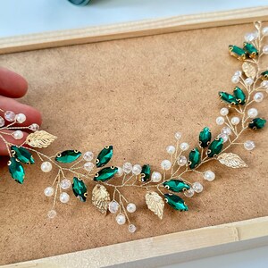 Emerald Gold Leaf Bridal Hair Vine, Pearl Green Wedding Hair Piece, Crystal Headpiece, Bridesmaids Hair Vine, Flower Girl Tiara Headband