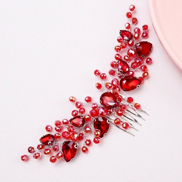 Red Beaded Crystal Bridal Hair Jewelry Comb Wedding Hair Piece Women Red Costume Jewelry Prom Hair Clip Bridesmaids Hair Vine Red Headdress