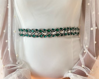 Pearl Beaded Emerald Green Bridal Belt, Silver Crystal Wedding Sash Belt, Bridesmaids Gift, Green Wedding Dress, Bridal Shower Belt