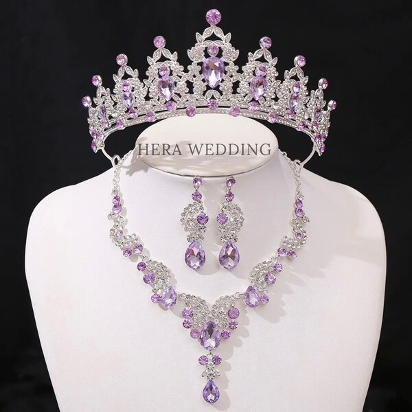 Purple Baroque Crystal Bridal Tiara, Wedding Headpiece, Bridal Necklace and Earrings Set, Quinceanera Crown, Purple Bridesmaid Jewelry Set
