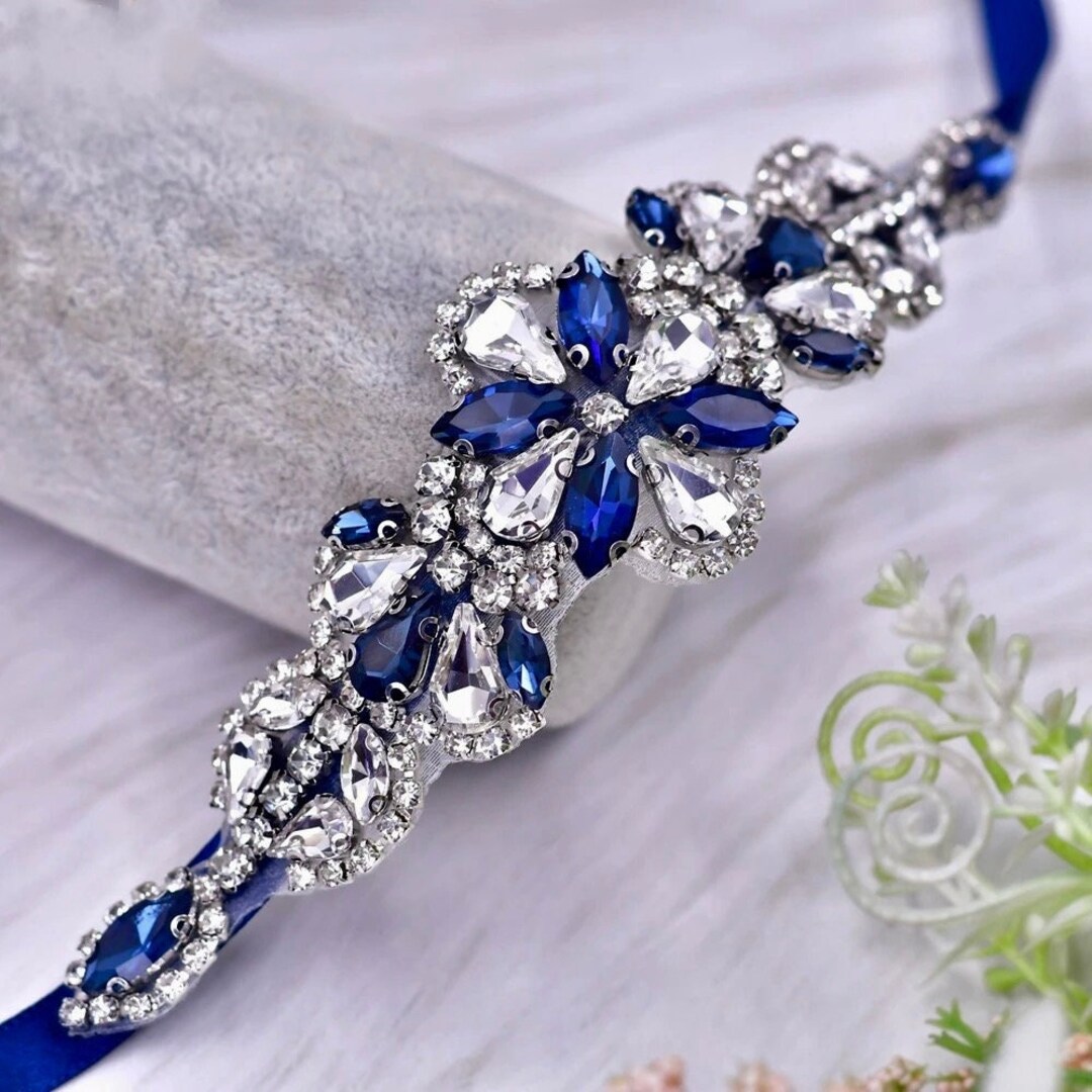 Navy Blue Floral Belt Crystal Short Bridal Sash Belt Wedding