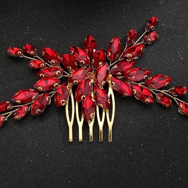 Red Gold Floral Hair Comb Wedding Hair Piece For Brides Crystal Bridal Hair Accessory Prom Hair Clip Red Wedding Dress Jewelry Henna Comb