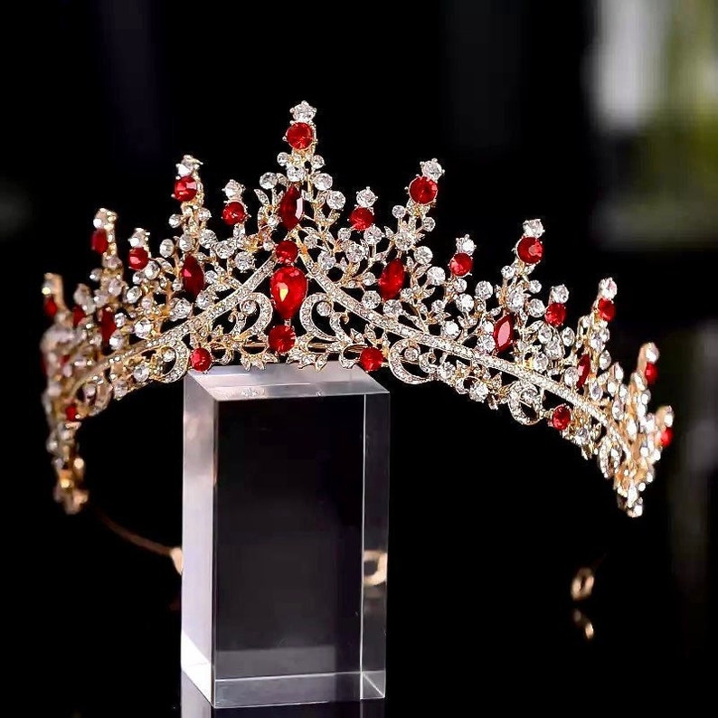 Red Crystal Wedding Tiara Baroque Gold Bridal Crown Tiara Wedding Hair Accessory Headband Luxury Rhinestone Bridal Headpiece Princess Tiara image 2