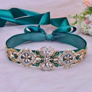 Emerald Green Sash Belt,Gold Bridal Belt Wedding,Bridesmaid Party Gift For Her,Rustic Wedding Belt,Gold Bridal Shower Accessory Waist Belt