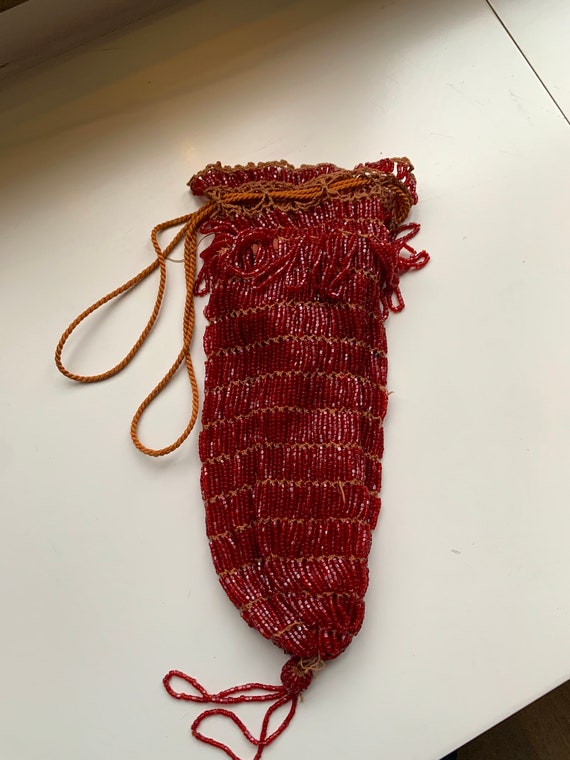 Antique 1920 Ruby Red Glass Beaded Drawstring Wris