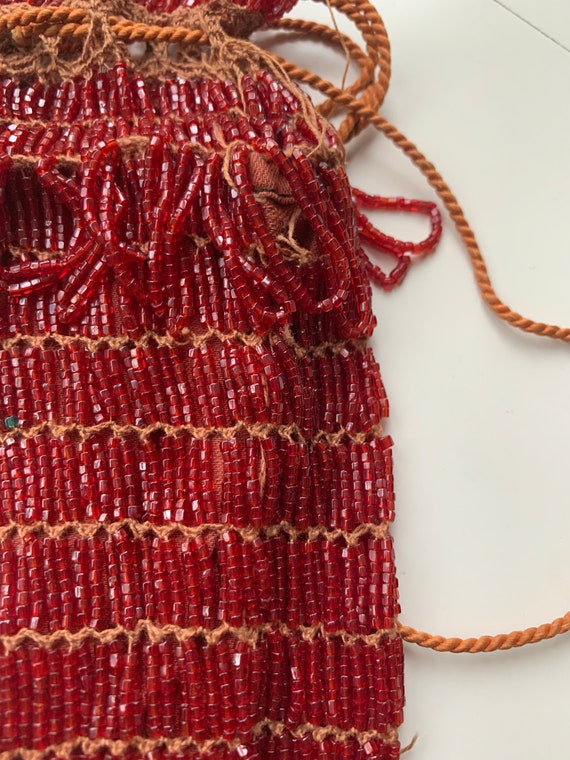 Antique 1920 Ruby Red Glass Beaded Drawstring Wri… - image 2