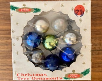 Box of 8 Vintage Miniature Shiny Bride Glass Bulb Ornaments 1950s