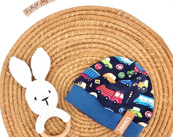 Summer/winter hat according to your wishes with name &quot;Cars blue-colorful&quot; hat with cuffs, winter hat, summer hat, baby hat, personalization