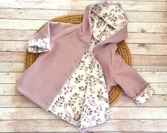 Giacca/cappotto reversibile con cappuccio a punta, maglia waffle, giacca di transizione in jersey "fiori rosa antico-beige", giacca reversibile, ragazza, ragazzo