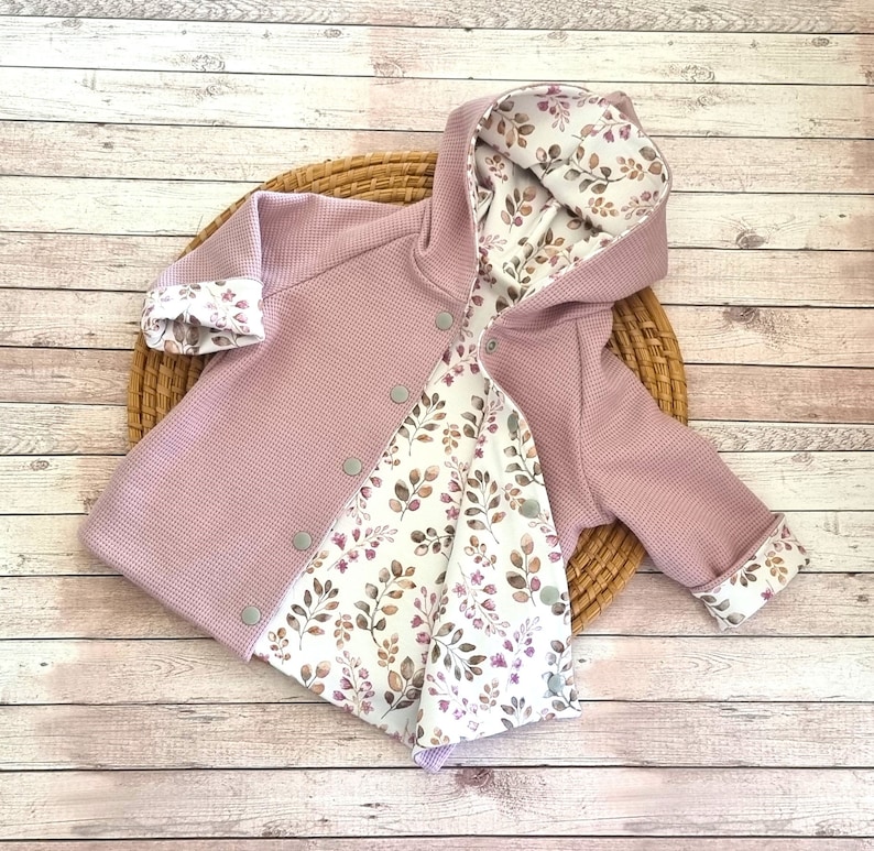 Reversible jacket/coat with pointed hood, waffle knit, jersey flowers old pink-beige transition jacket, reversible jacket, girl, boy image 1