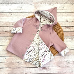 Reversible jacket/coat with pointed hood, waffle knit, jersey "flowers grey-pink" transition jacket, reversible jacket, girl, boy