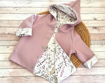 Veste/manteau réversible à capuche pointue, tricot gaufré, veste mi-saison en jersey « Fleurs gris-rose », veste réversible, fille, garçon