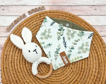 Baby reversible neck scarf &quot;Eucalyptus olive green&quot; jersey, waffle knit, triangular scarf, bib, burp cloth, drool bib, drool cloth, neck scarf with name