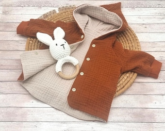 Size 56 reversible jacket/coat with pointed hood, heavy muslin &quot;Cognac-Light Beige&quot; transitional jacket, summer jacket, reversible jacket, girl, boy