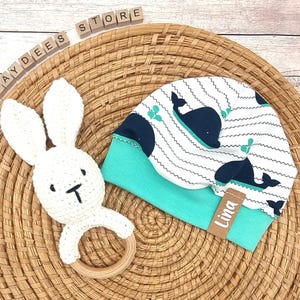 Summer/winter hat as desired with name &quot;Whale blue-mint&quot;, children&#39;s hat, winter hat, summer hat, baby hat, personalization, maritime