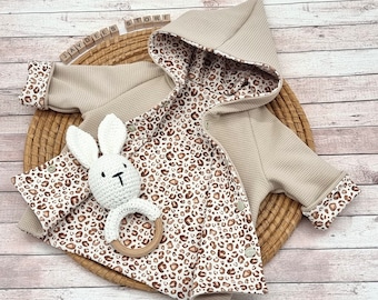 Reversible jacket/coat with pointed hood, waffle knit, jersey &quot;Leopard pattern beige-white&quot; transition jacket, reversible jacket, girl, boy