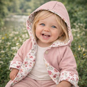 Wendejacke/Mantel mit Zipfelkapuze, Waffelstrick, Jersey "Blümchen rosa-weiß" Übergangsjacke, Wendejacke, Mädchen, Junge