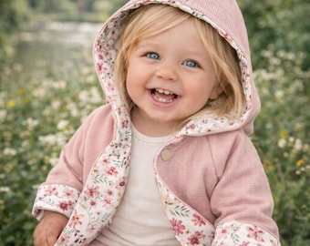 Chaqueta/abrigo reversible con capucha puntiaguda, jersey de punto gofre "flores rosa-blanco", chaqueta de entretiempo, chaqueta reversible, niña, niño