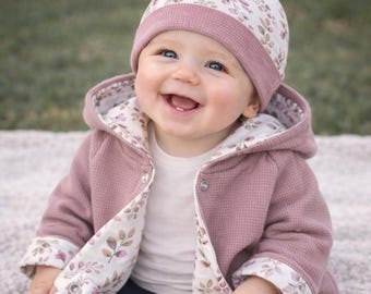 Wendejacke/Mantel mit Zipfelkapuze, Waffelstrick, Jersey "Blümchen altrosa-beige" Übergangsjacke, Wendejacke, Mädchen, Junge