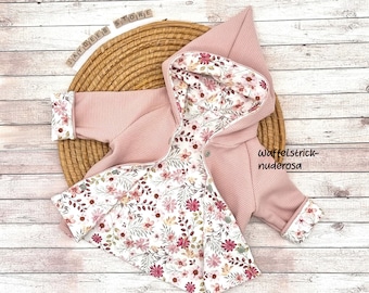 Reversible jacket/coat with pointed hood, waffle knit, jersey &quot;flowers pink-white&quot; transition jacket, reversible jacket, girl, boy