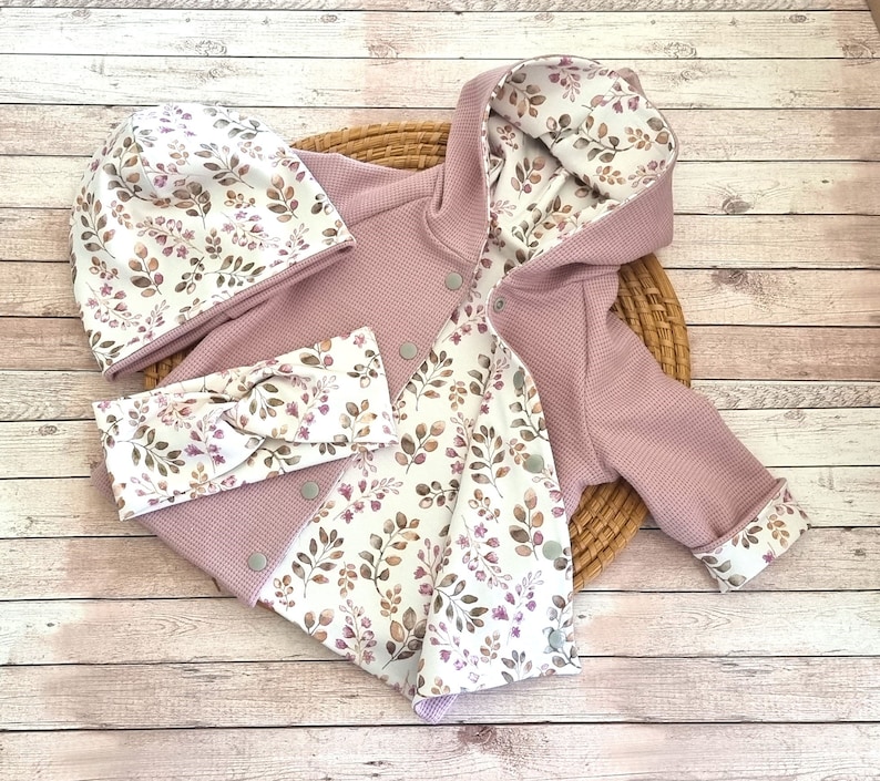 Reversible jacket/coat with pointed hood, waffle knit, jersey flowers old pink-beige transition jacket, reversible jacket, girl, boy image 7