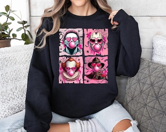 Pink Horror Halloween Character Sweatshirt, Pink Halloween Shirt, Halloween Horror Bubble Pink Gum T-shirt, Cutesy Halloween