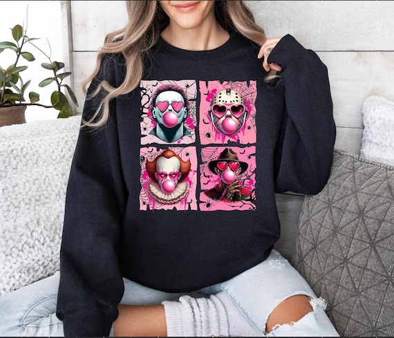 Pink Horror Halloween Character Sweatshirt, Pink Halloween Shirt, Halloween Horror Bubble Pink Gum T-shirt, Cutesy Halloween