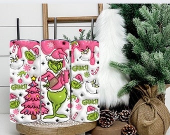 Gobelet homme vert gonflé 3D, sac à bandoulière rose Grinch Gobelet skinny Coupe Stanley 20 oz