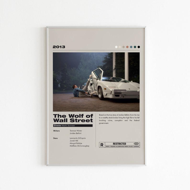 May include: A movie poster for the film "The Wolf of Wall Street" featuring a white sports car and a man sitting on the ground. The poster is set against a beige background with the title in black text and the year 2013 in the top left corner. The poster also includes the director, writers, and stars of the film.