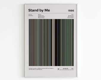 May include: A black and white poster with a bar code design. The poster features the title "Stand by Me" and the year "1986". The poster also includes the names of the director, writers, and stars of the film.