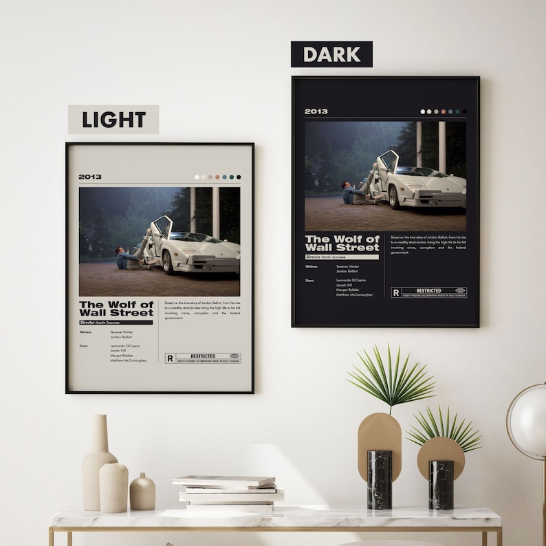 May include: A movie poster for the film "The Wolf of Wall Street" featuring a white sports car and a man sitting on the ground. The poster has a black background with white text and a red "R" rating. The year 2013 is printed at the top of the poster.
