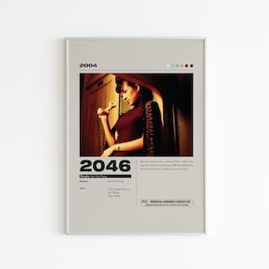 May include: A movie poster for the 2004 film "2046" directed by Kar-Wai Wong. The poster features a woman in a red and black striped dress holding a vintage phone. The text "2046" is in large, bold font and the text "Several women enter a science fiction author's life over the course of a few years, after the author has lost the woman he considers his one true love." is in smaller font.