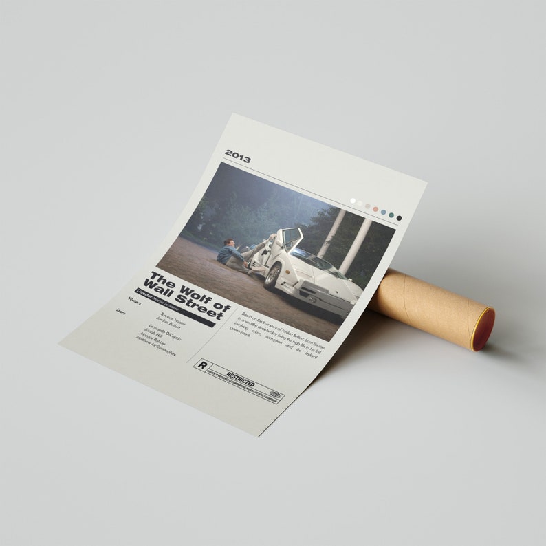 May include: A minimalist movie poster for the film "The Wolf of Wall Street" released in 2013. The poster features a white sports car with a man sitting on the ground next to it. The poster also includes the film's title, release year, and rating.