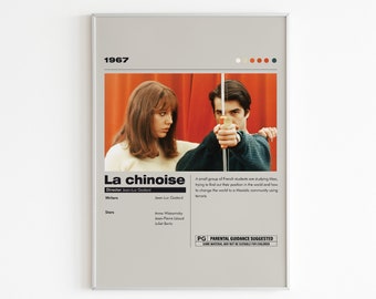 May include: A framed movie poster for the 1967 film "La Chinoise." The poster features a still from the film with two actors, the title, director, and cast information. The background is a light gray with a red curtain.