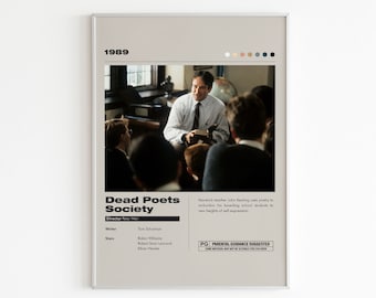 Könnte beinhalten: Ein Filmplakat für den Film "Dead Poets Society" aus dem Jahr 1989 mit Robin Williams als John Keating, einem Lehrer, der seine Schüler dazu inspiriert, Poesie und Selbstausdruck anzunehmen. Das Plakat enthält den Titel des Films, den Regisseur, den Drehbuchautor und die Stars.