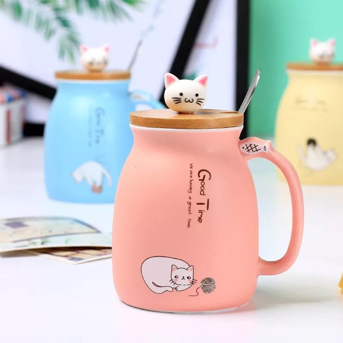 Cute Cat Mug With Lid and Spoon Porcelain Coffee Milk Tea Mugs | Etsy