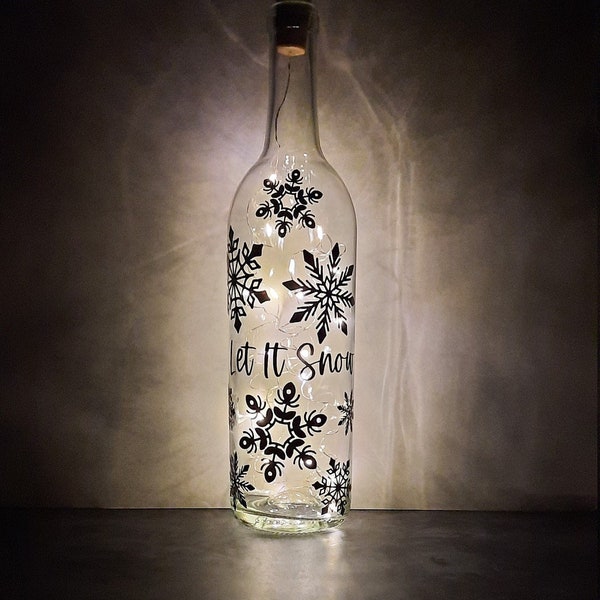 Snowflakes - Wine Bottle Light, Fairy Light Bottle, Fairy String Lights, Christmas Decor