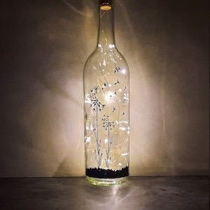 Dandelion Wishes - Wine Bottle Light, Fairy Light Bottle, Home Decor, Gift for Her, Birthday Gift, Housewarming Gift, Dandelion, Handmade