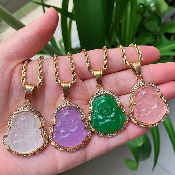 18k Gold Buddha Pendant Necklace Big Jade Healing Stone Pendulum