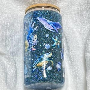 Glitter globe tumbler, 16oz glass, Under the Sea theme