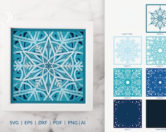 Mandala di fiocchi di neve a strati 3D, carta tagliata SVG di fiocchi di neve multistrato, modello di scatola delle ombre tagliata al laser