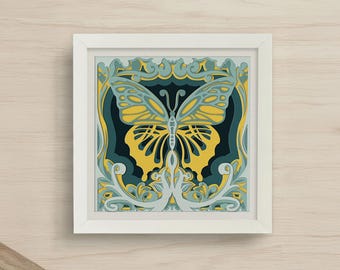 Scatola con ombra a farfalla SVG / Modello di carta tagliata a strati / Disegno di mandala animale / File di taglio laser 3D / Regalo di inaugurazione della casa / File per Cricut