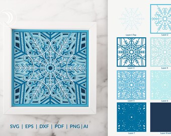 Mandala di fiocchi di neve a strati 3D, carta tagliata SVG di fiocchi di neve multistrato, modello di scatola delle ombre tagliata al laser