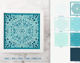 Fiocco di neve a strati 3D, fiocco di neve di Natale Mandala SVG, modello di scatola ombra tagliata al laser