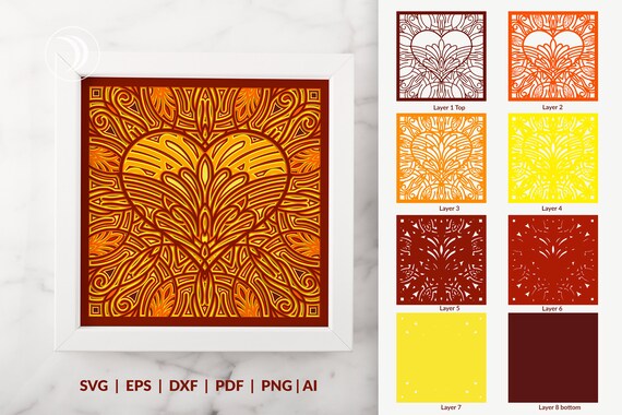 3D Layered Heart SVG 3D SVG Heart Mandala Laser Cut Shadow Box Template ...
