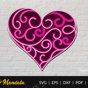 3D Layered Heart SVG - Love Swirl Mandala Cut File, Layered Heart SVG, Valentines Papercut File