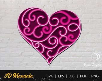 Cuore a strati 3D SVG – File di taglio Mandala a spirale (download digitale)