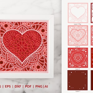 3D Layered Heart Mandala, Multilayer Heart SVG Papercut, Laser Cut Shadow Box Template, 3D SVG Heart