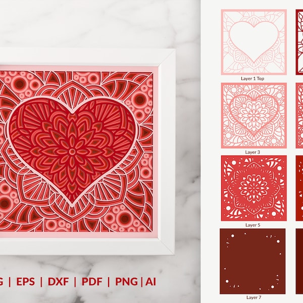 3D Layered Heart Mandala, Multilayer Heart SVG Papercut, Laser Cut Shadow Box Template, 3D SVG Heart 3D Layered Heart Mandala, Multilayer Heart SVG Papercut, Laser Cut Shadow Box Template, 3D SVG Heart
