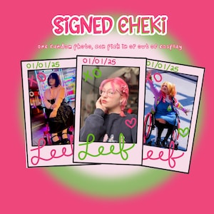 May include: Three instant photo booth pictures with pink borders and green writing. The photos show a person in a wheelchair, one in cosplay and two not in cosplay. The text on the photos reads "01/01/25" and "Leef".
